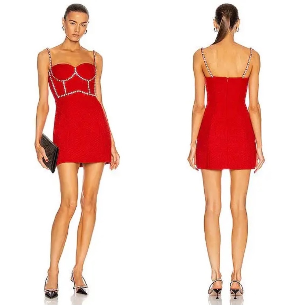AREA Red Strapless Mini Dress with Embellished Straps